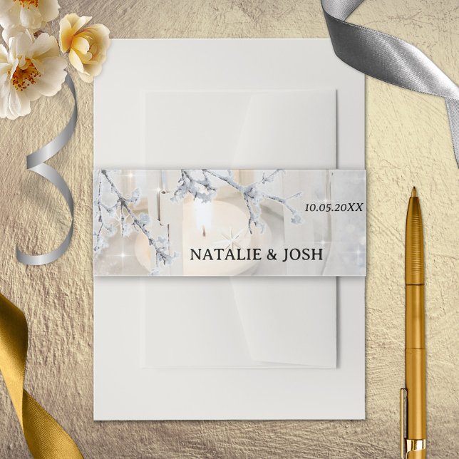 Sparkling Snow Lantern Winter Wedding Invitation Belly Band (Wedding invitation belly band featuring a winter scene with candle lit lantern in sparkling snow.)