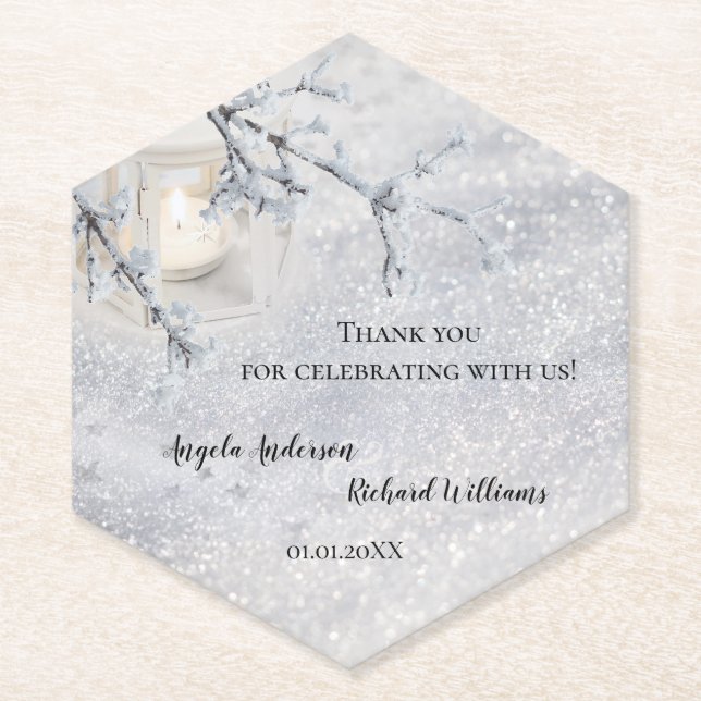 Sparkling Snow Lantern Winter Wedding Paper Coaster (Front)