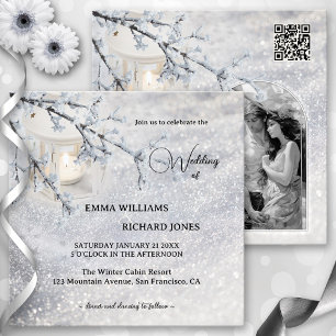 Sparkling Snow Lantern Winter Wedding Photo Invitation