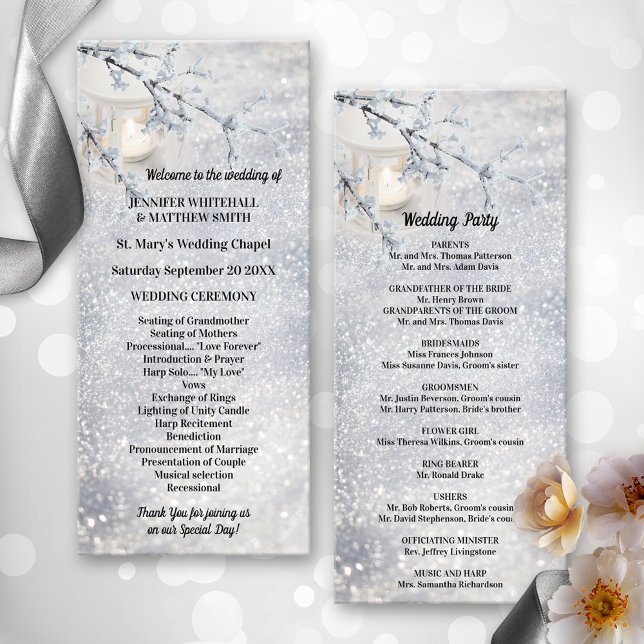 Sparkling Snow Lantern Winter Wedding  Programme (Elegant wedding program with a candle lit lantern in sparkling snow. Beautiful for a winter wedding.)