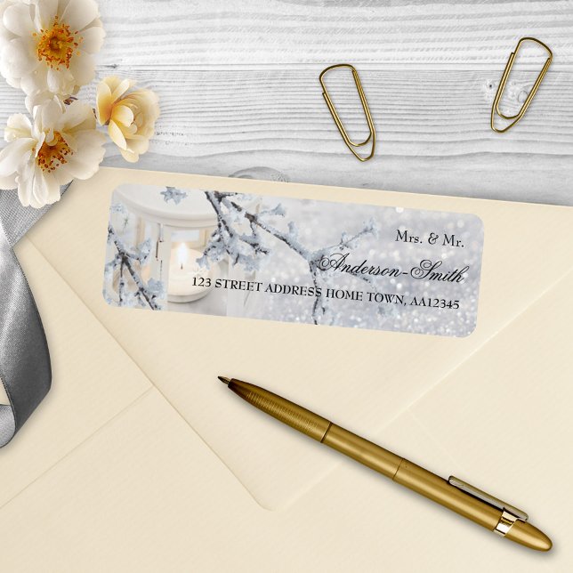 Sparkling Snow Wedding Return Address Label (Return address label with a romantic candle lit lantern in a sparkling snow scene)