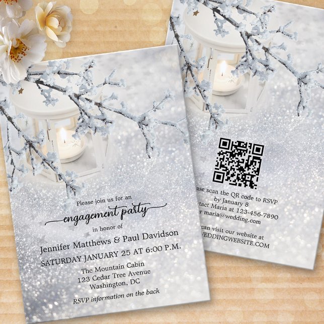 Sparkling Snow Winter QR Code Engagement Party Invitation (Creator Uploaded)