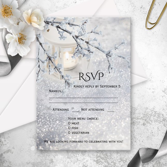 Sparkling Snow Winter Wedding RSVP Card (RSVP card showing a candle lit lantern in sparkling white snow with a snow covered tree branch)