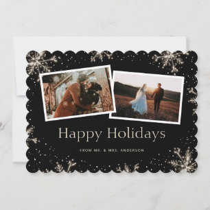 Sparkling Snowflakes Photo Newlywed Black Holiday Card