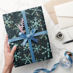 Sparkling Snowflakes White Blue in Black Night Sky Wrapping Paper