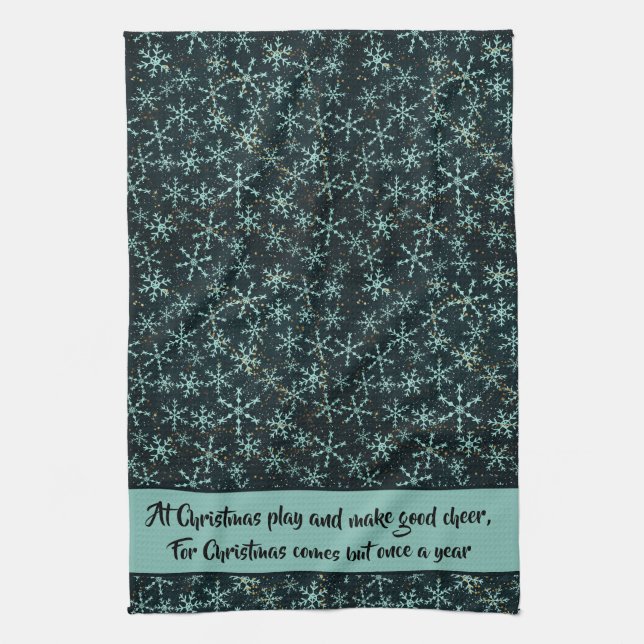 Sparkling Snowflakes White Blue in Black Sky Quote Tea Towel (Vertical)
