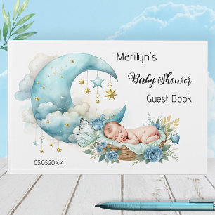 Sparkling Stars and Moon Boy Baby Shower Guest Book