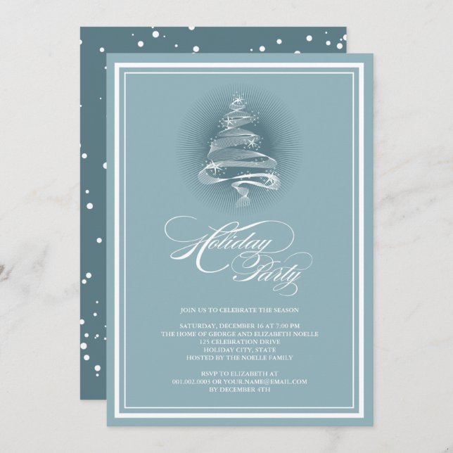 Sparkling Stars Blue Christmas Tree Holiday Party Invitation (Front/Back)