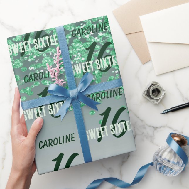Sparkling Sweet 16 Falling Green Glitter Wrapping Paper (Gifting)