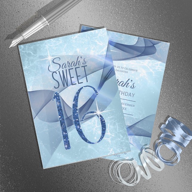 Sparkling Swirls Sweet Sixteen Blue ID652 Invitation (Creator Uploaded)