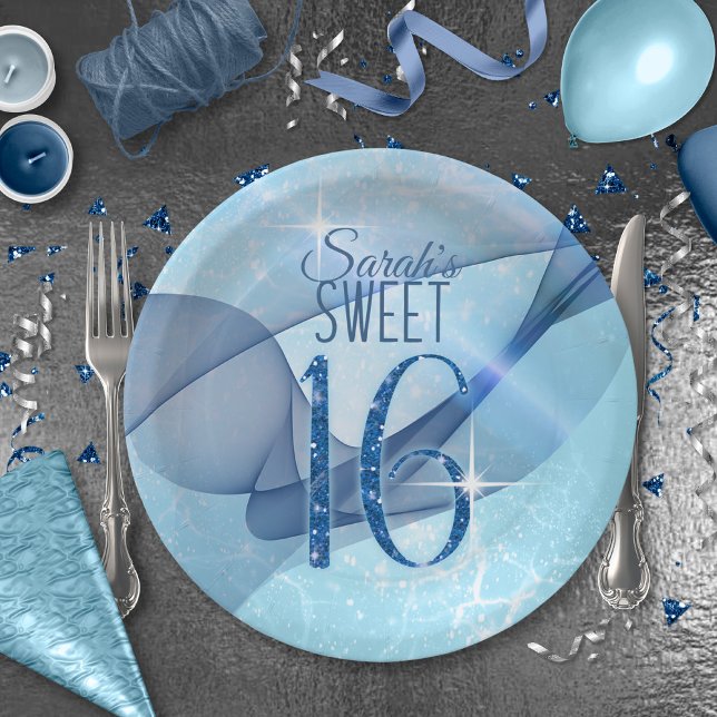 Sparkling Swirls Sweet Sixteen Blue ID652 Paper Plate (Creator Uploaded)