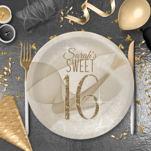 Sparkling Swirls Sweet Sixteen Gold ID652 Paper Plate