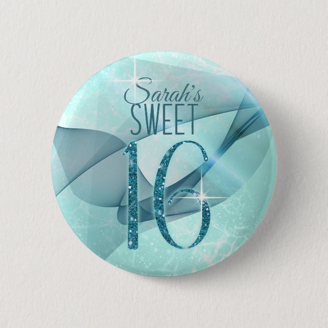 Sparkling Swirls Sweet Sixteen Teal ID652 6 Cm Round Badge (Front)
