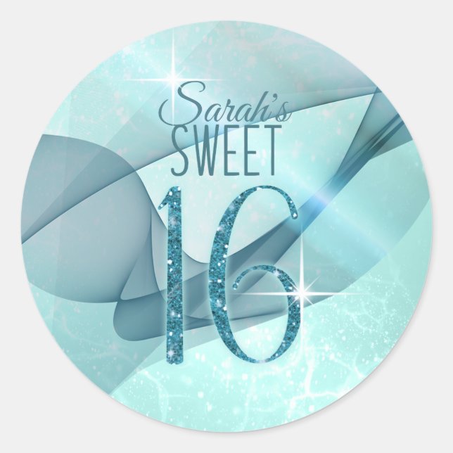 Sparkling Swirls Sweet Sixteen Teal ID652 Classic Round Sticker (Front)