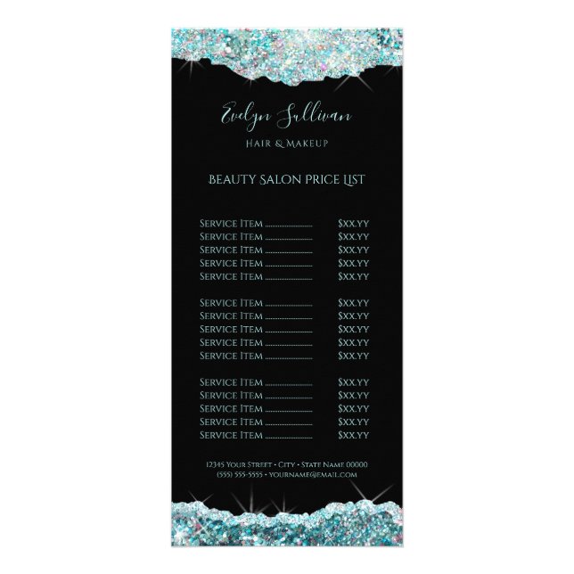 sparkling teal glitter price list rack card (Front)