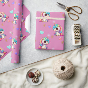 Sparkling Unicorns and Hearts Magical Pink Wrapping Paper