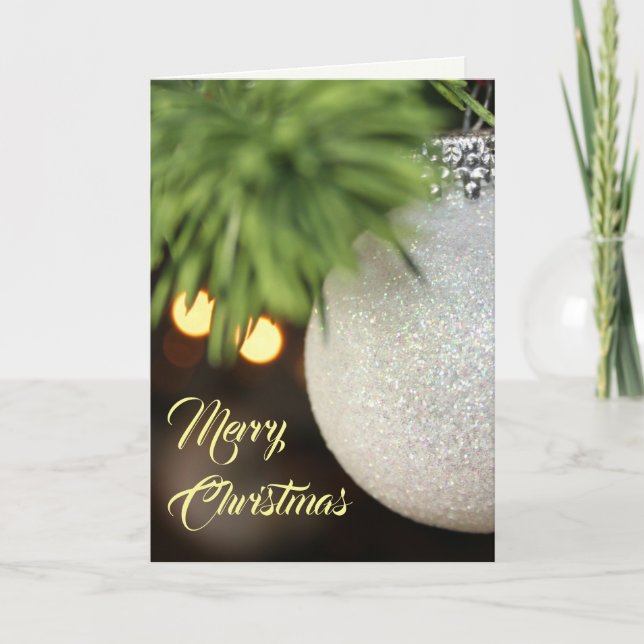 Sparkling White Bauble on Pine Branch with Lights Holiday Card (Front)