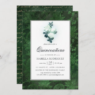 Sparkling White Roses and Green Damask Quinceañera Invitation