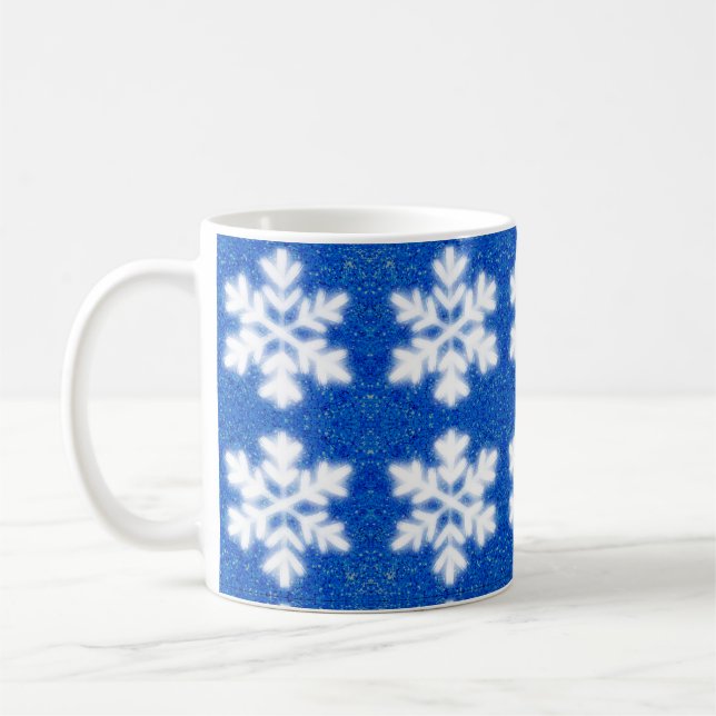 Sparkling white snowflakes blue background coffee mug (Left)