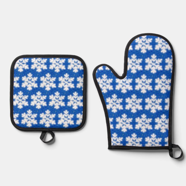 Sparkling white snowflakes blue background oven mitt & pot holder set (Front)