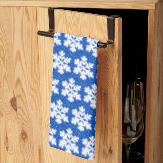 Sparkling white snowflakes blue background tea towel (Thirds Fold)