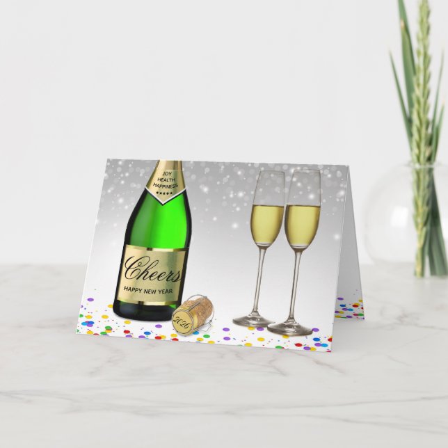 Sparkling Wine Bottle Happy New Year 2025  Holiday Card (Front)