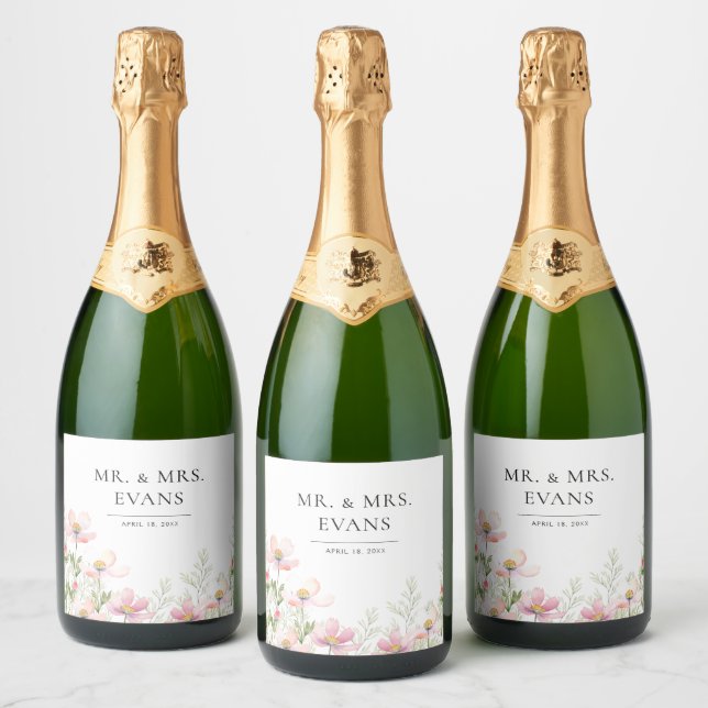 Sparkling Wine Bottle Labels Wildflowers Wedding. (Bottles)