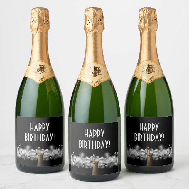 Sparkling Wine Bubbles on Black Personalised Sparkling Wine Label (Bottles)
