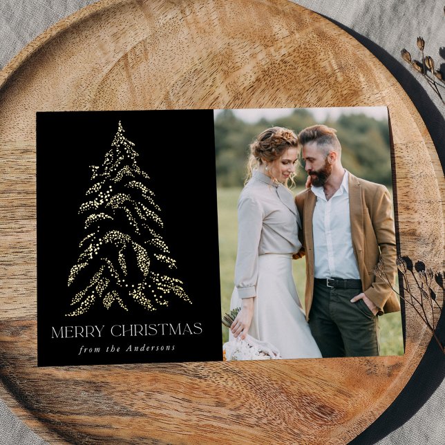 Sparkling Winter Pine Black and Gold Foil Holiday Card (Creator Uploaded)