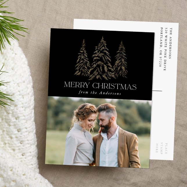 Sparkling Winter Pine Black Merry Christmas Photo Holiday Postcard (Creator Uploaded)