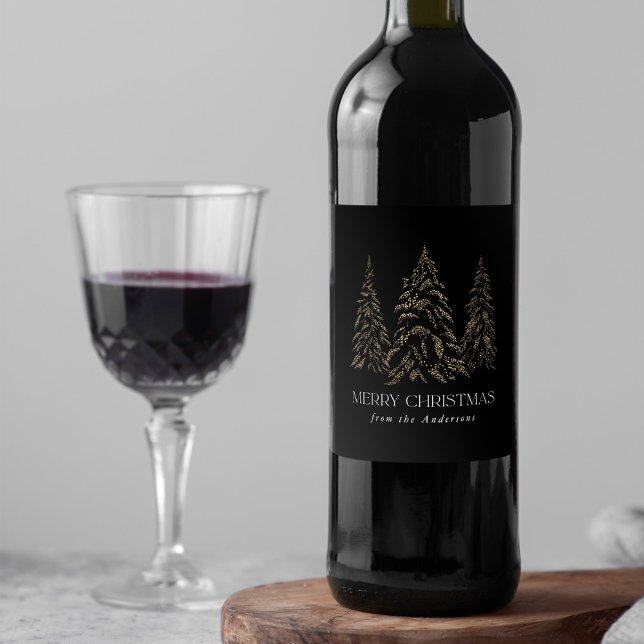 Sparkling Winter Pine Black Merry Christmas Wine Label (Creator Uploaded)