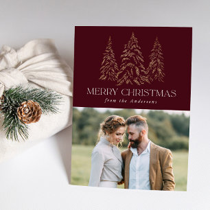 Sparkling Winter Pine Burgundy Merry Christmas Holiday Card