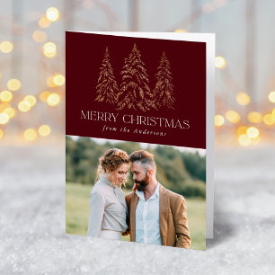Sparkling Winter Pine Burgundy Merry Christmas Holiday Card