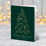 Sparkling Winter Pine Merry Christmas Non-Photo Holiday Card<br><div class="desc">Modern & elegant holiday greeting card featuring a snowy faux gold foil pine tree with a green background (or color of your choice). "Merry Christmas" is displayed on the front in a white, modern serif font with your name or custom text below. The inside of the non-photo holiday card features...</div>
