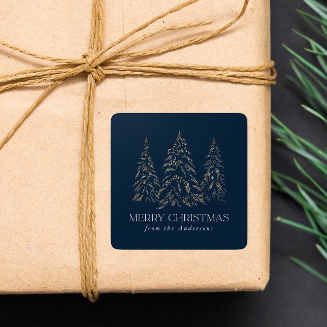 Sparkling Winter Pine Navy Merry Christmas Square Sticker (Creator Uploaded)