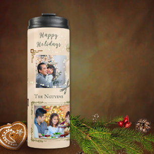 Sparkly 6 Photo Collage Gold & Peach Christmas  Thermal Tumbler