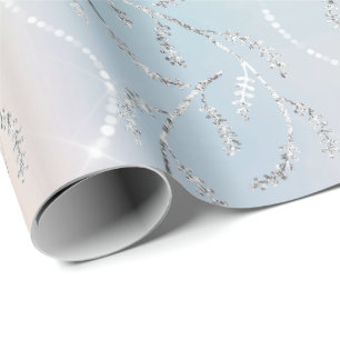 Sparkly Aqua Opal Laurel Floral Silver Diamonds Wrapping Paper