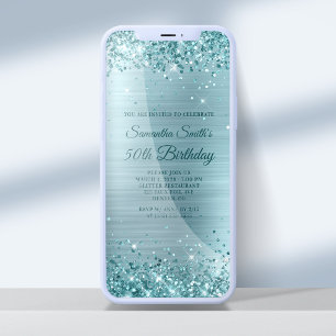 Sparkly Aqua Teal Glitter Blue Foil 50th Birthday Invitation