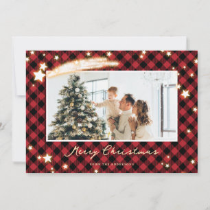 Sparkly Black and Red Buffalo Plaid Star Photo Holiday Card