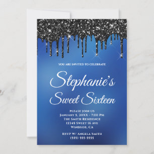 Sparkly Black Glitter Blue Ombre Sweet Sixteen Invitation