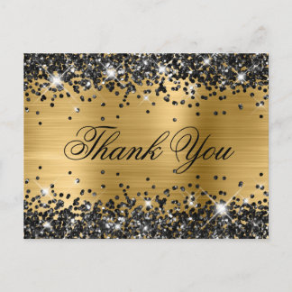 Sparkly Black Glitter Gold Foil Fancy Thank You Postcard