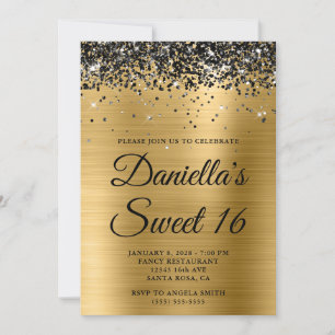 Sparkly Black Glitter Gold Foil Sweet 16 Invitation