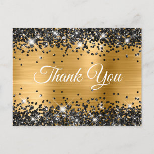 Sparkly Black Glitter Gold Foil Thank You Postcard