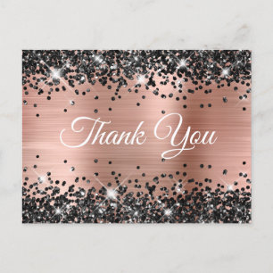 Sparkly Black Glitter Rose Gold Foil Thank You Postcard