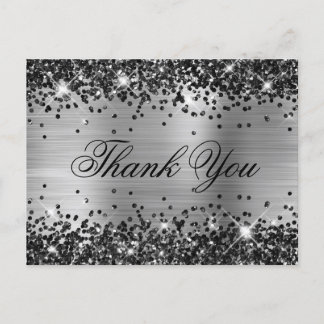 Sparkly Black Glitter Silver Foil Fancy Thank You Postcard