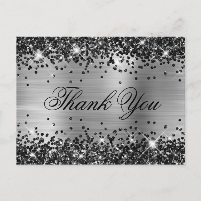 Sparkly Black Glitter Silver Foil Fancy Thank You Postcard (Front)