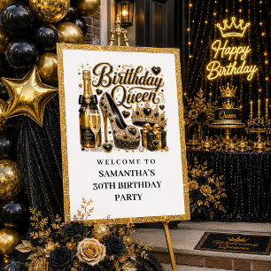 Sparkly Black Gold Confetti Birthday Queen Welcome Poster