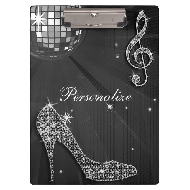 Sparkly Black Music Note & Stiletto Heel Clipboard (Front)