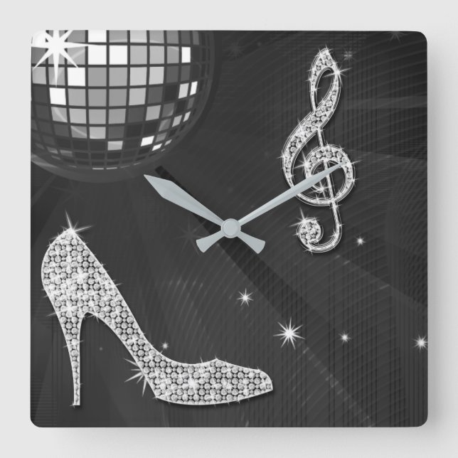 Sparkly Black Music Note & Stiletto Heel Square Wall Clock (Front)