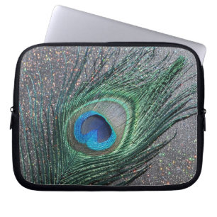 Sparkly Black Peacock Feather Still Life Laptop Sleeve